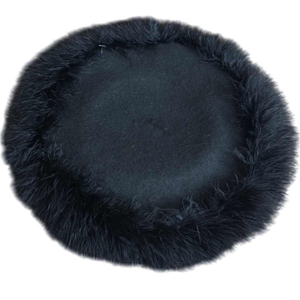 Vintage A. Brod black wool beret with black feather trim New with tag
